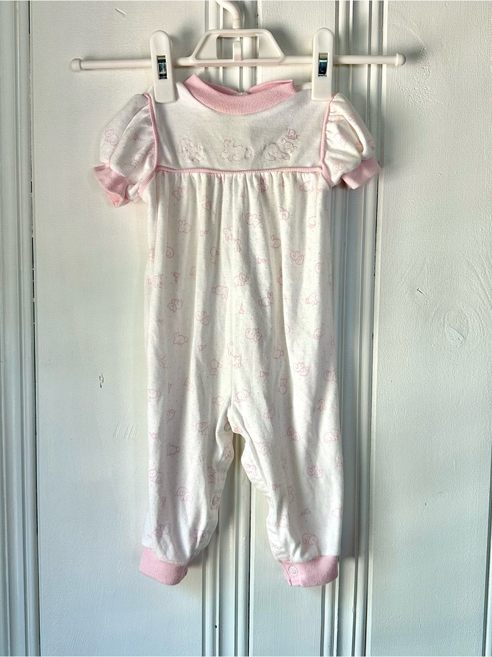VTG Baby Dior White Romper with Pale Pink Trim